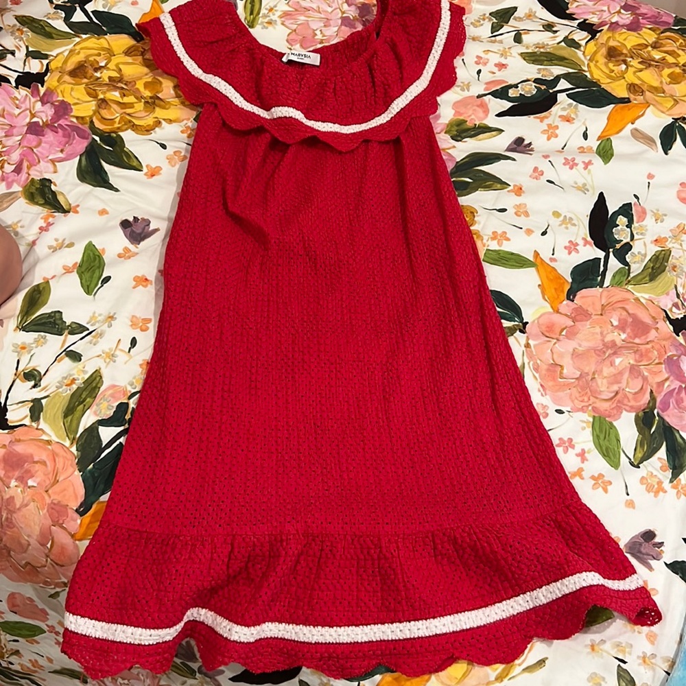 Marysia Bumby cover up- red with white piping. Small hole on bottom of dress
